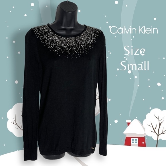 CALVIN Klein Crewneck Gold Embellished Long Sleeve Black Sweater Size Small - Picture 1 of 8